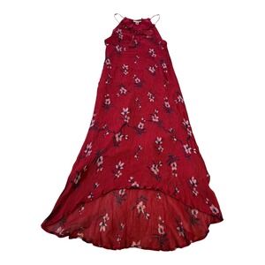 Lucky Brand Red Floral Print Hi-Low Maxi Dress Tassel Tie‎ XS